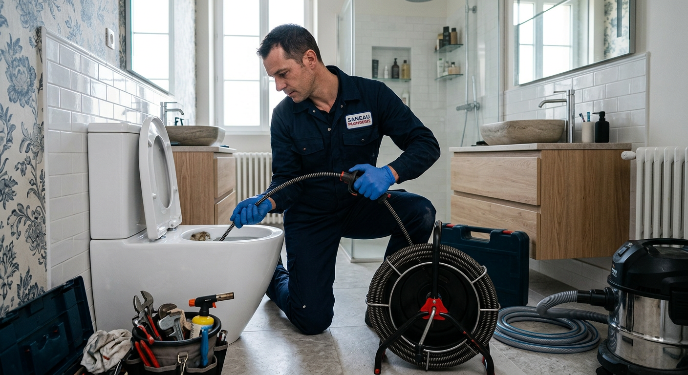 Plombier débouchant des WC avec un furet électrique à Ivry-sur-Seine